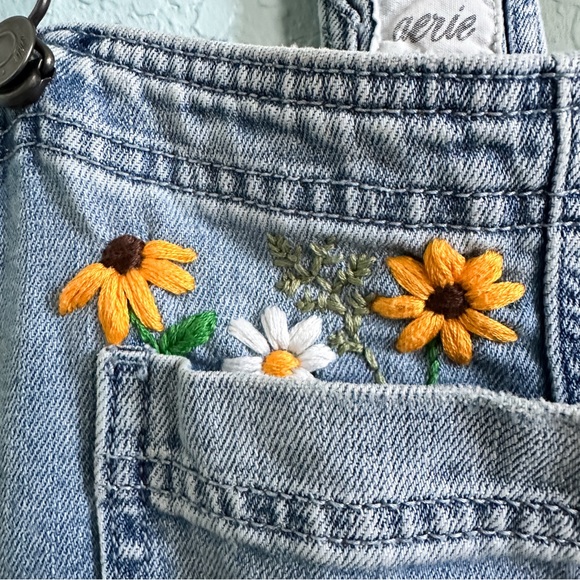 Aerie•Upcycled•Lightwash Denim Shortalls•Stretchy•Dolphin Raw Hem•One of a Kind - Picture 6 of 13
